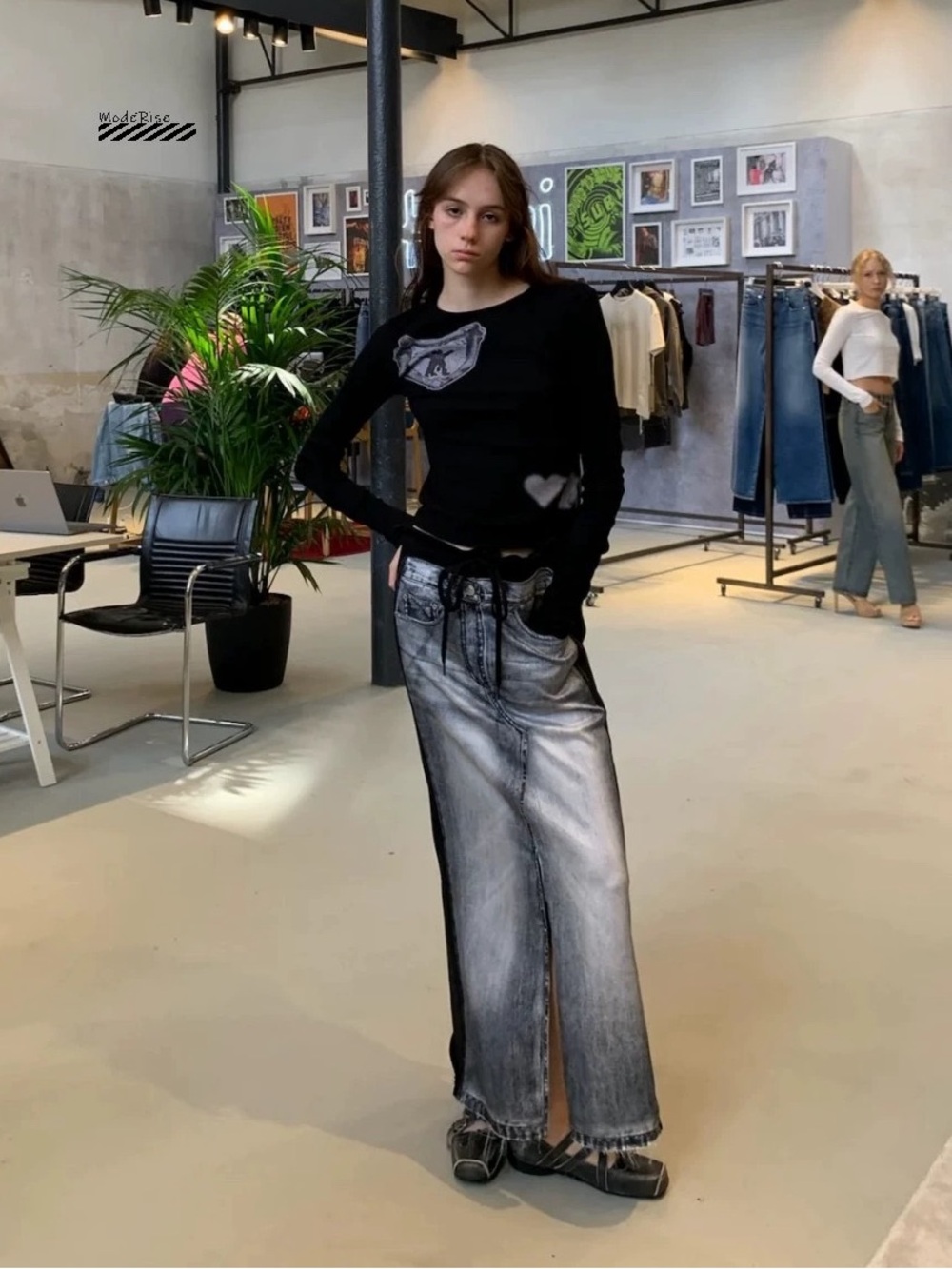 Black & Faded Gray Maxi Denim-Panel Skirt